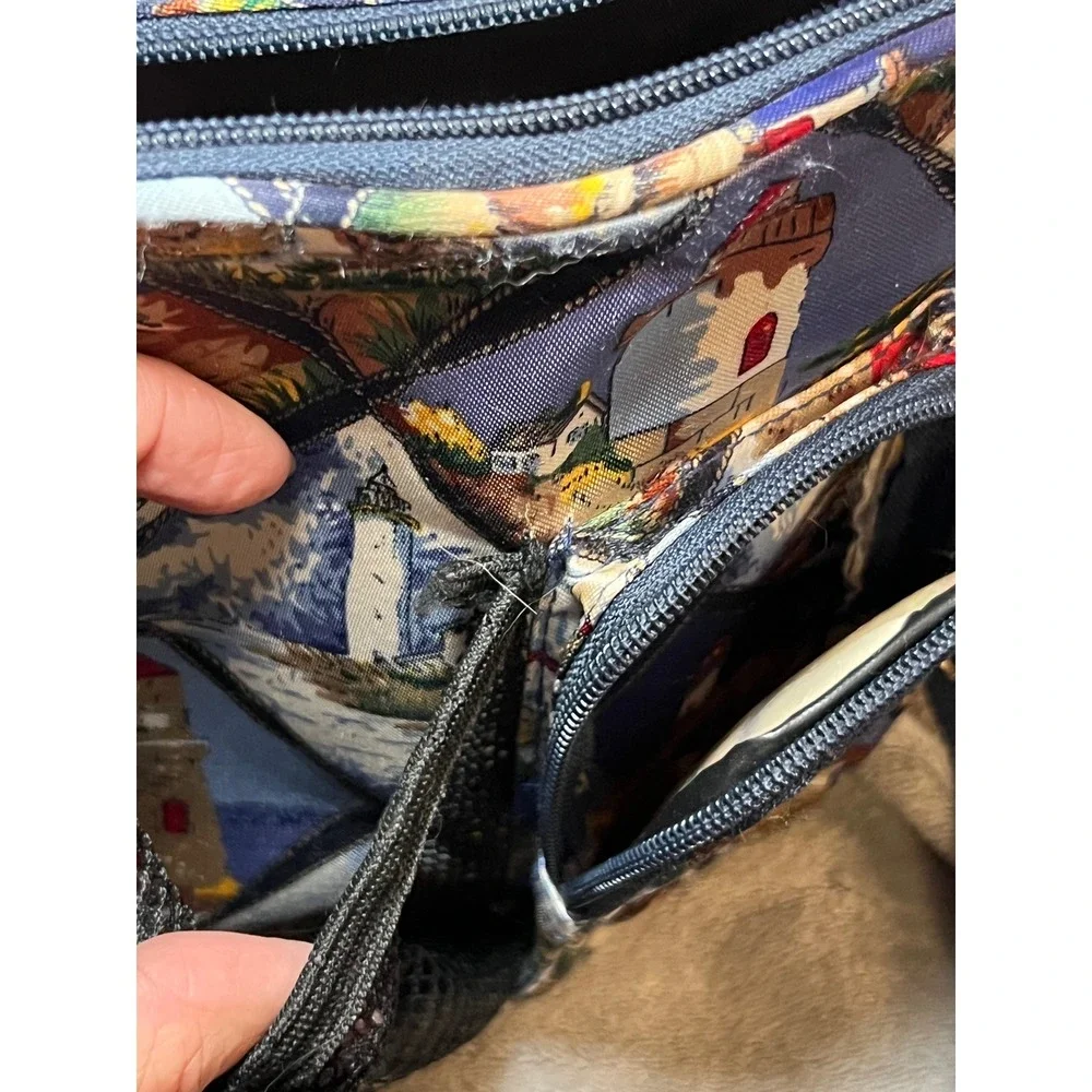 Quilted Lighthouse Crossbody Bag Coastal Nautical Organizer Purse Blue